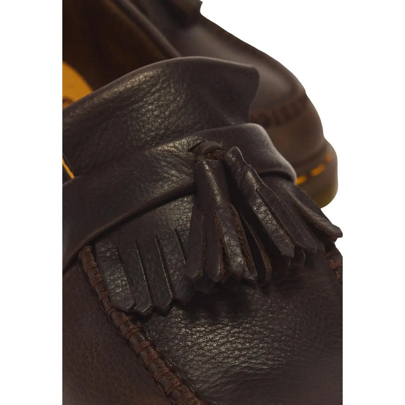 Dr Martens men leather moccasin shoes brown adrian with dark brown leather, fringed tassel detail, and visible stitching