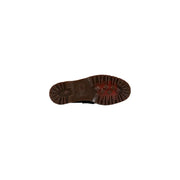 Brown rubber sole with textured tread and dr martens logo on men leather black slip on moccasin shoes