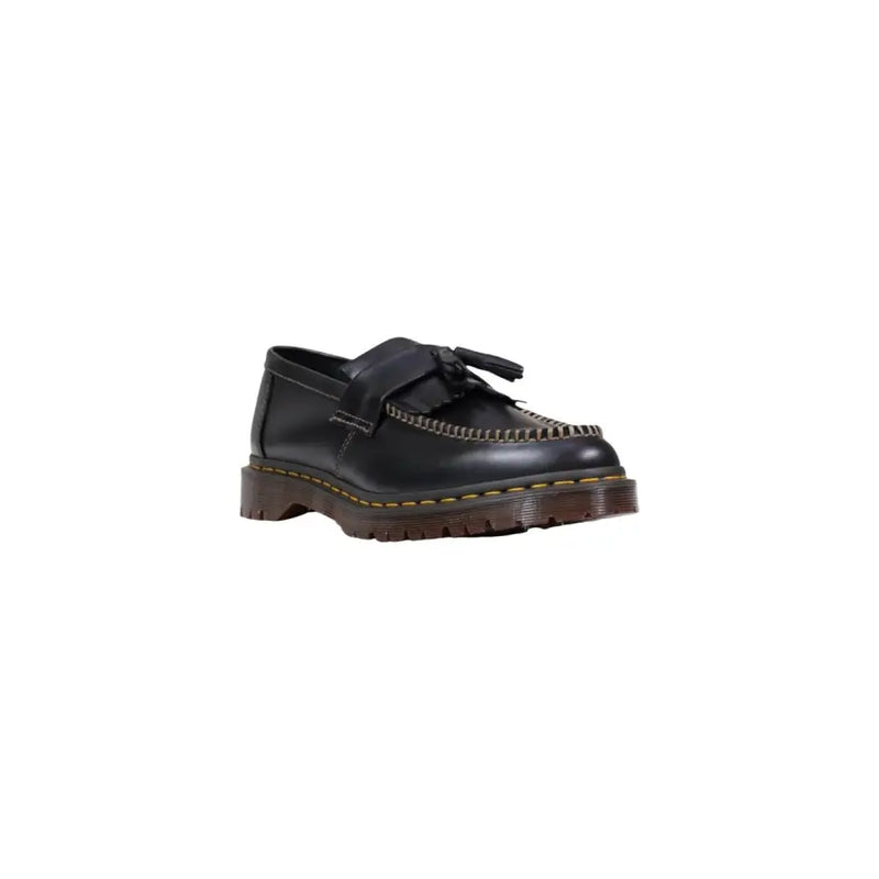 Dr Martens men leather moccasin black slip on shoe with tassels yellow stitching and chunky brown sole