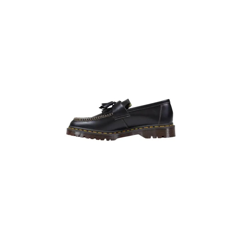 Dr martens men leather moccassin black slip on shoes showing black leather upper and moccasin design