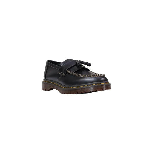 Dr Martens men leather moccasin black slip on shoe with tassels yellow stitching and chunky brown sole