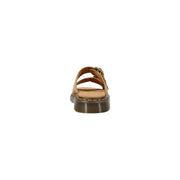Dr Martens men leather slippers in beige with tan slide design, brown buckle, and dark green rubber sole