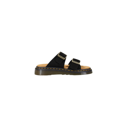 Dr Martens men leather slippers black with two gold-tone buckle straps and tan rubber sole open toe design