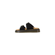 Dr Martens men leather slippers black buckle open toe featuring black suede two-strap slides with tan insole and yellow stitching