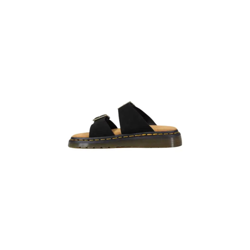 Dr Martens men leather slippers black buckle open toe featuring black suede two-strap slides with tan insole and yellow stitching