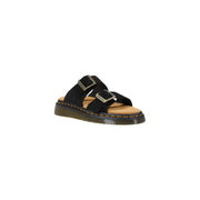 Black leather Dr Martens men slippers with buckle and open toe shown from the back side