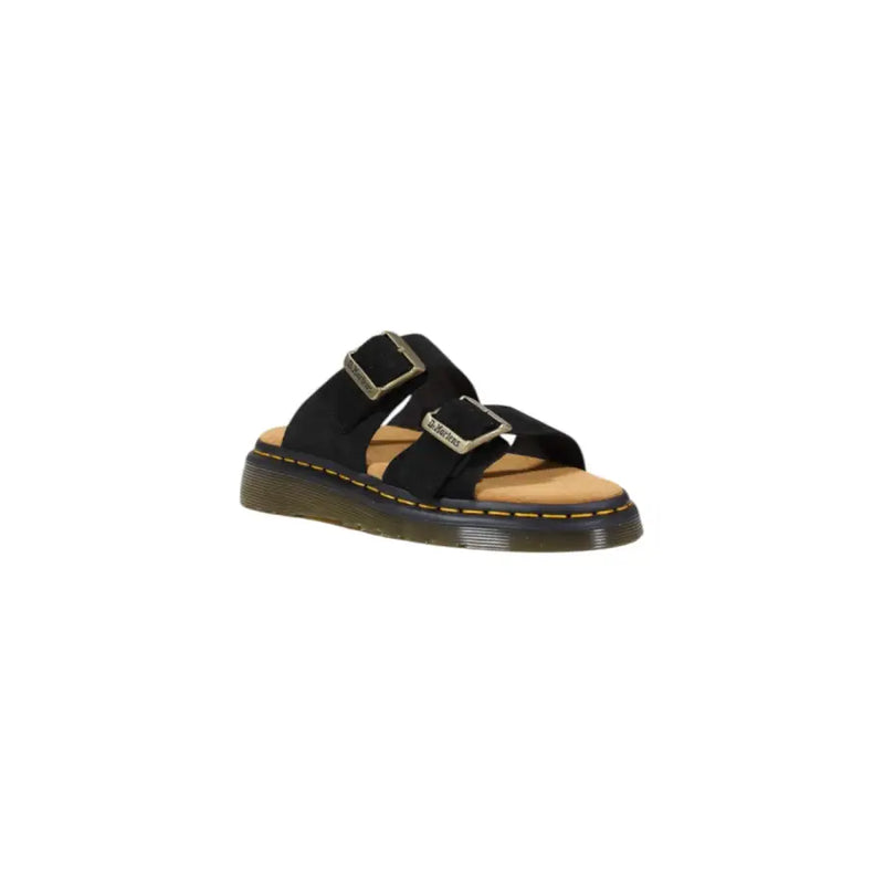 Black leather Dr Martens men slippers with buckle and open toe shown from the back side