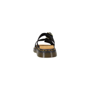 Dr martens men leather slippers black buckle open toe with black leather upper and thick brown sole with yellow stitching