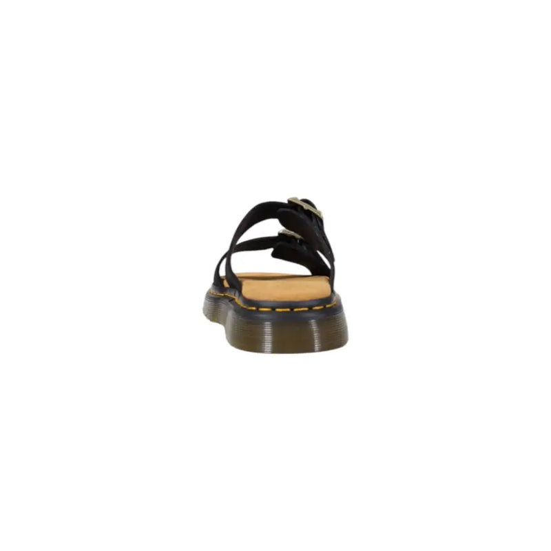 Dr martens men leather slippers black buckle open toe with black leather upper and thick brown sole with yellow stitching
