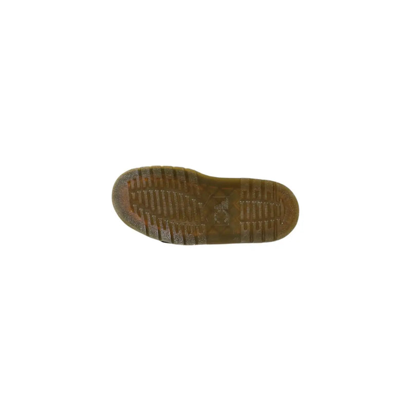 Brown rubber sole with textured tread pattern on dr martens men leather slippers black buckle open toe