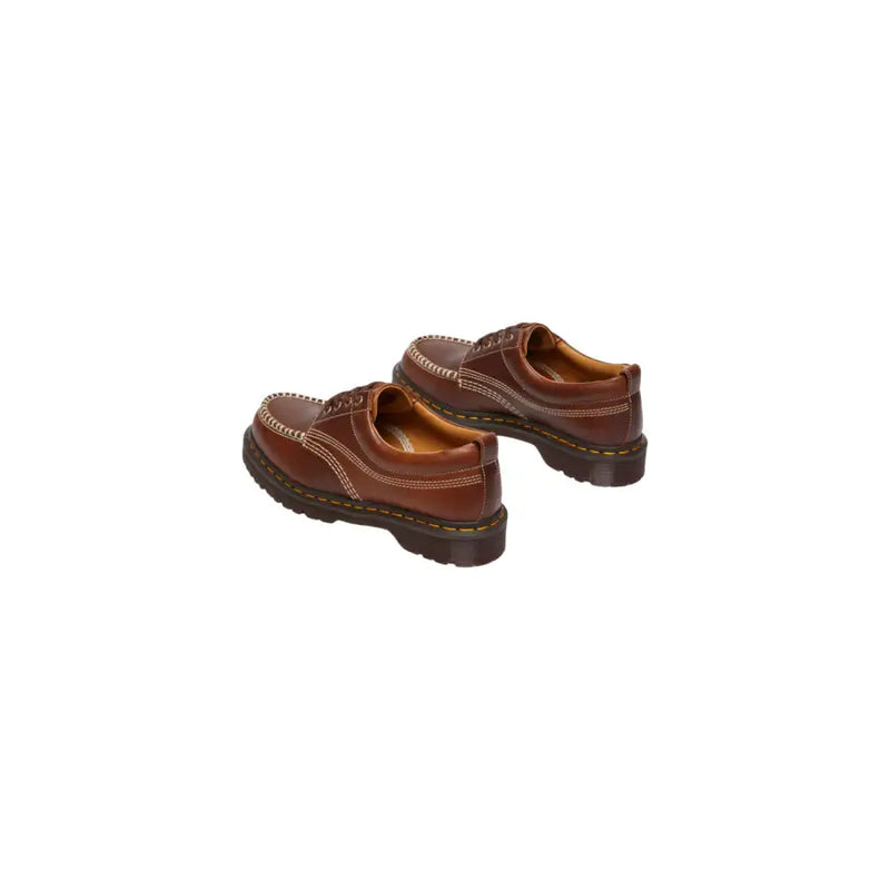 Dr Martens men lowell butterscotch brown leather lace up shoes with yellow stitching and chunky rubber sole