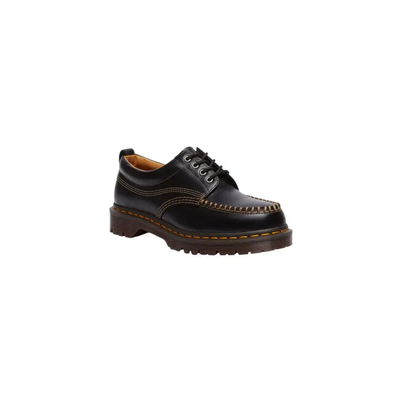Black leather dr martens men lowell moccasin shoes showing the back side with durable leather material