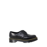 Dr martens men’s black leather lace-up shoes shown from the back side highlighting leather material and design