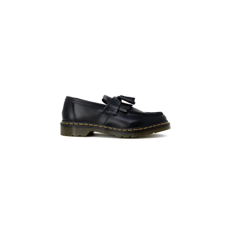 Black leather tassel loafer with yellow stitching slip on shoe by Dr Martens for mens fall winter wear