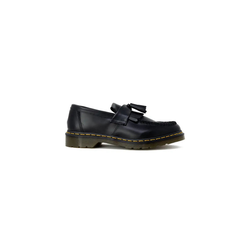 Black leather tassel loafer with yellow stitching slip on shoe by Dr Martens for mens fall winter wear