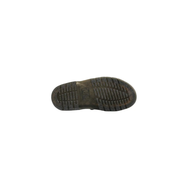 Dark olive green rubber sole with textured grid tread and embossed logo on dr martens women black leather buckle sandals