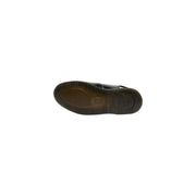 Black leather sole with textured grooves and embossed logo on the back side of dr martens women buckle sandals