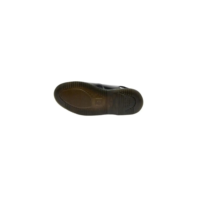 Black leather sole with textured grooves and embossed logo on the back side of dr martens women buckle sandals