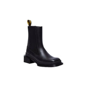 Back view of Dr Martens women black leather chelsea boots with chunky heel and gold pull tab