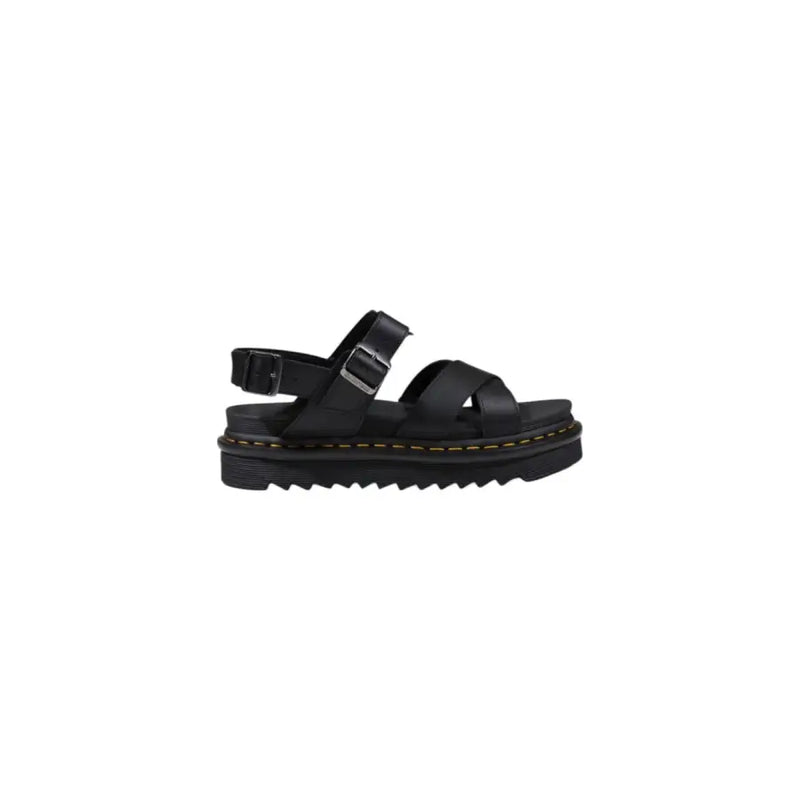 Dr. Martens womens black leather sandals with chunky platform sole and silver buckle