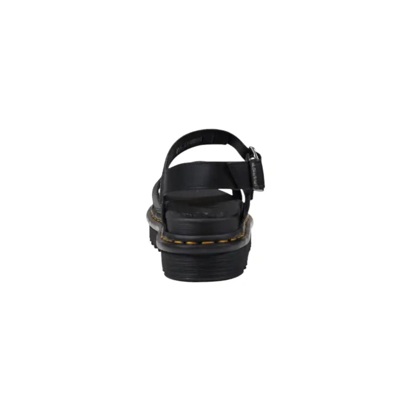 Dr Martens women black leather platform sandals with thick sole, adjustable buckle strap, and signature yellow stitching