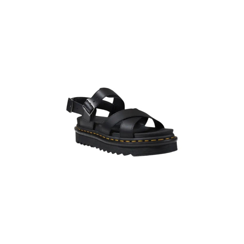 Dr Martens women black leather platform sandal with chunky sole yellow stitching and buckle closure