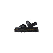 Dr Martens women black leather platform sandal with chunky sole yellow stitching and buckle closure