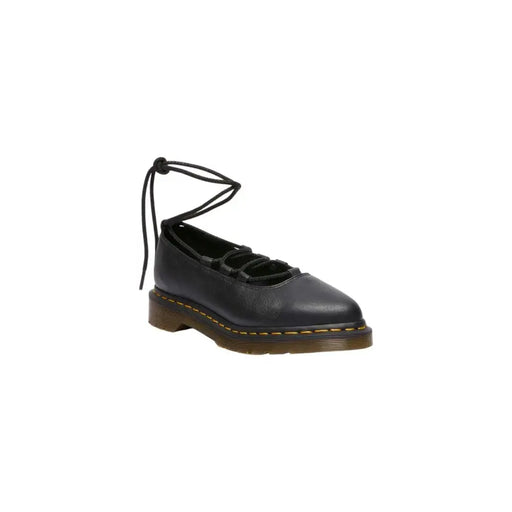 Dr. Martens womens black leather lace-up Mary Jane shoe with brown sole and yellow stitching