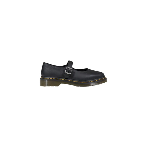 Dr. Martens Damen-Mary-Jane-Schuh aus schwarzem Leder mit silberner Schnalle und gelben Ziernähten an der Sohle