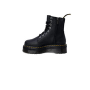 Black Dr Martens women boots with black laces and leather material shown from the back in size 4