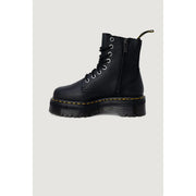 Black leather Dr Martens women boots with black laces shown from the back in size 4