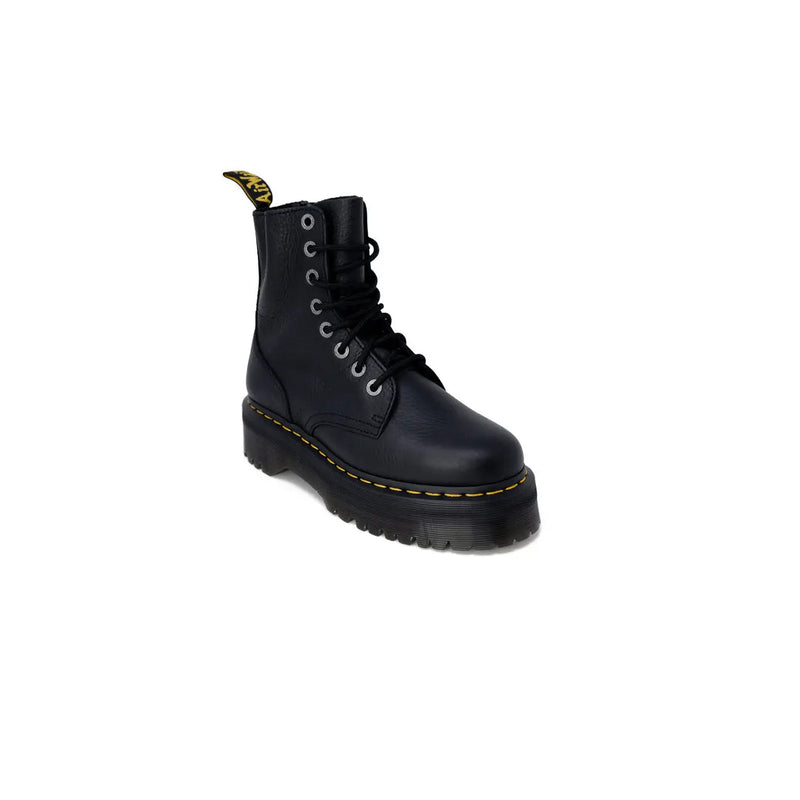 Dr martens women black leather boots with black laces shown from the back in size 4
