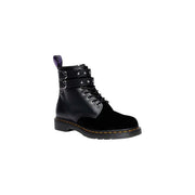 Black leather velvet zip dr martens women boots shown from the back side highlighting design details