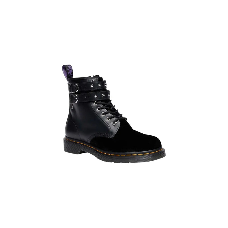 Black leather velvet zip dr martens women boots shown from the back side highlighting design details
