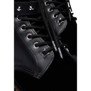 Black leather Dr Martens women boots with black laces featuring silver star aglets and metallic eyelets