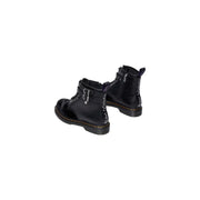Black patent leather dr martens women boots with velvet zip showcasing the back side of the footwear
