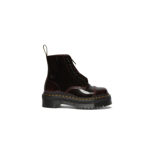 Dark burgundy patent leather dr martens women bordeaux leather platform boots shown from the back side