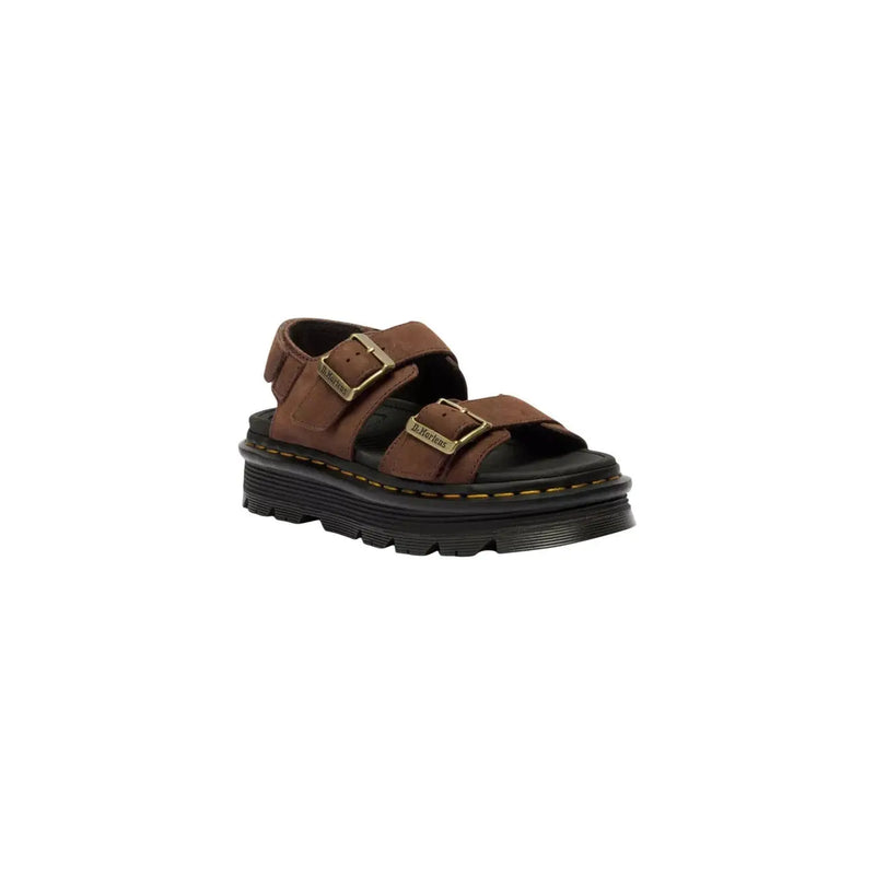 Dr Martens women brown leather sandals with gold tone buckles and black platform sole zebzag style