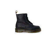 Black leather dr martens women ankle boots shown from the back highlighting durable material and design