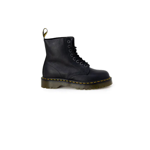 Black leather dr martens women ankle boots shown from the back highlighting durable material and design