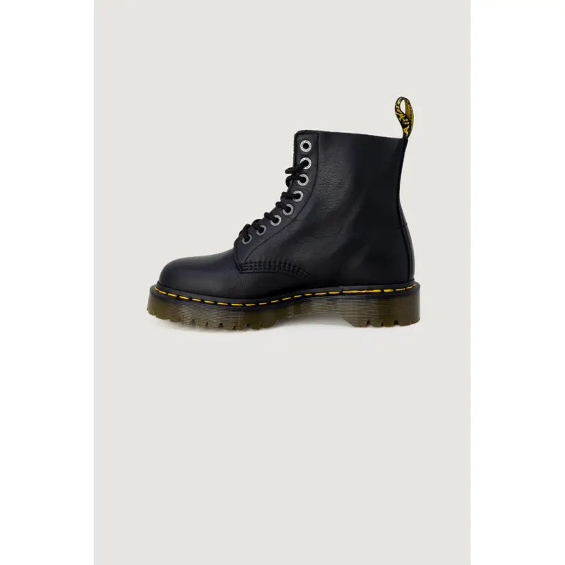 Black leather ankle boots for women by dr martens showing the back side with durable stitching and pull tab