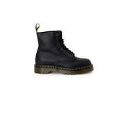 Black leather dr martens women ankle boots shown from the back highlighting durable material and design