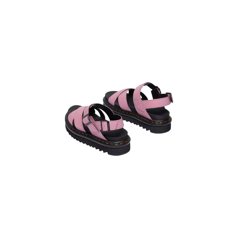 Dr Martens women sandals pink leather Voss II with black rubber soles and yellow stitching visible from the back side