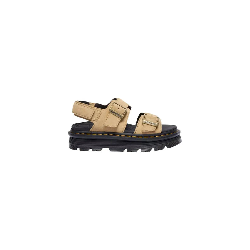 Tan leather buckle sandals for women by dr martens showing the back side of the product