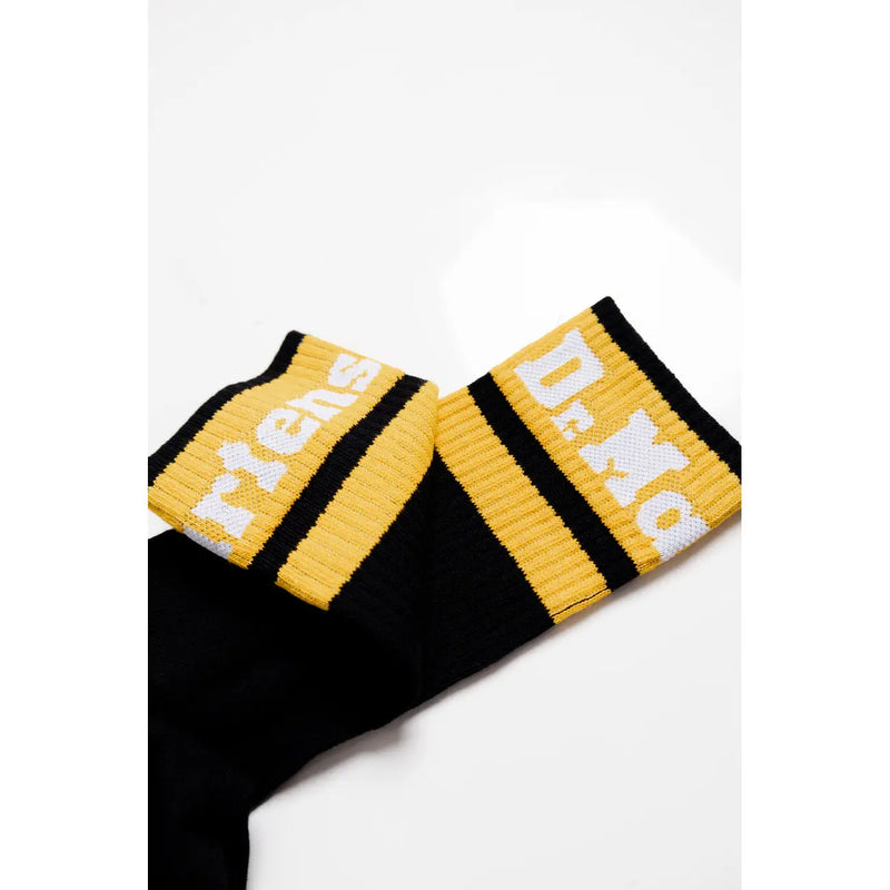 Dr Martens women black cotton blend stretch underwear paired with black and yellow striped socks with white dr letters