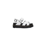 Dr Martens women white leather Voss II sandals with black platform sole and silver-toned buckle closures