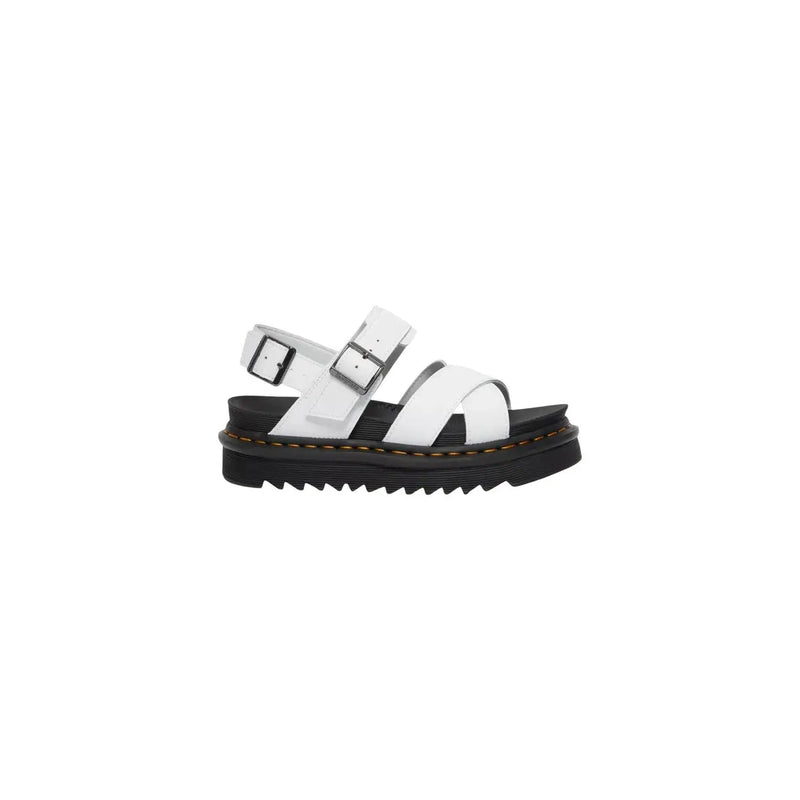 Dr Martens women white leather Voss II sandals with black platform sole and silver-toned buckle closures