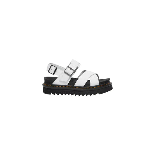 Weiße Dr. Martens Voss II Ledersandalen für Damen mit schwarzer Plateausohle und silberfarbenen Schnallenverschlüssen