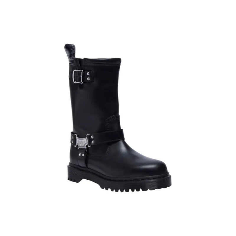 Dr Martens women’s black leather ankle boots with silver-toned buckle accents and chunky ridged sole