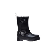Dr Martens women’s black leather ankle boot with silver buckle straps and chunky rubber sole shown from the back side